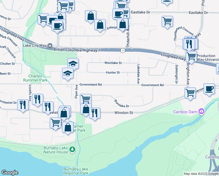 map of restaurants, bars, coffee shops, grocery stores, and more near 8032 Government Road in Burnaby