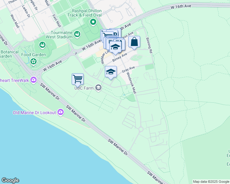 map of restaurants, bars, coffee shops, grocery stores, and more near 3533 Ross Drive in University Endowment Lands