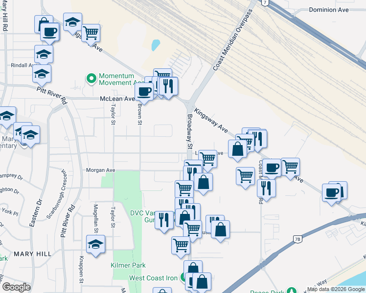 map of restaurants, bars, coffee shops, grocery stores, and more near 1875 Broadway Street in Port Coquitlam