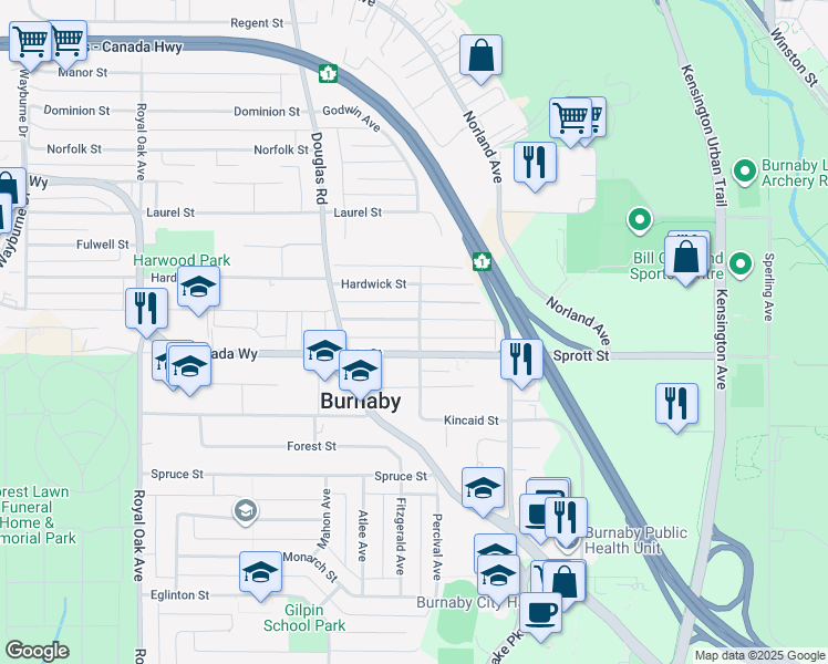 map of restaurants, bars, coffee shops, grocery stores, and more near 5870 Woodsworth Street in Burnaby