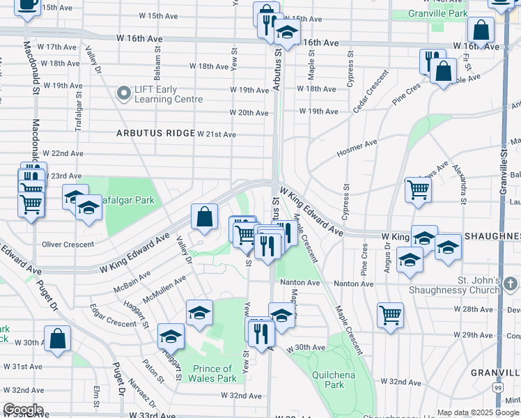 map of restaurants, bars, coffee shops, grocery stores, and more near 3961 Springtree Drive in Vancouver