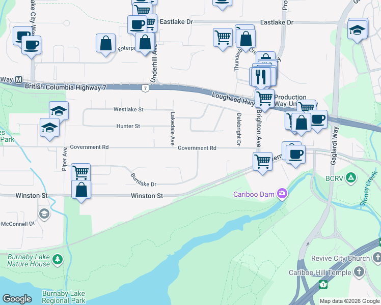 map of restaurants, bars, coffee shops, grocery stores, and more near 8258 Government Road in Burnaby
