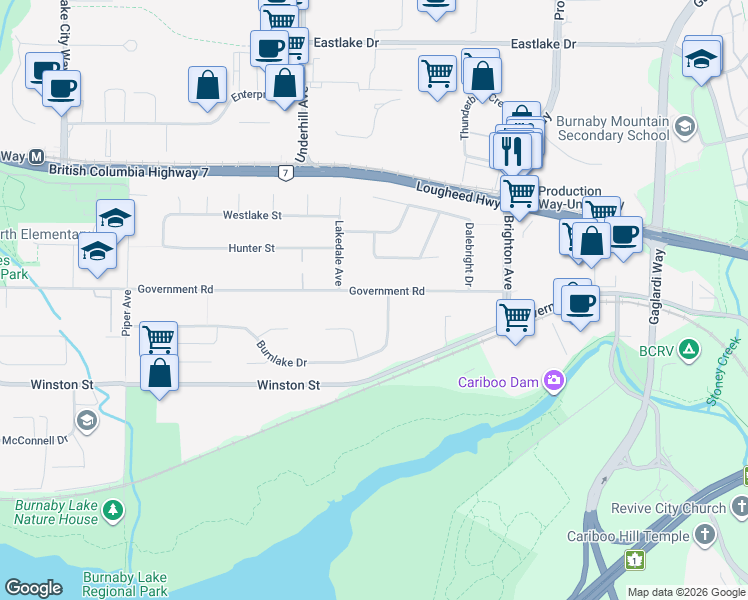 map of restaurants, bars, coffee shops, grocery stores, and more near in Burnaby