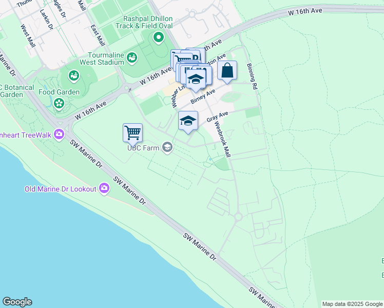 map of restaurants, bars, coffee shops, grocery stores, and more near South Campus Trail in University Endowment Lands