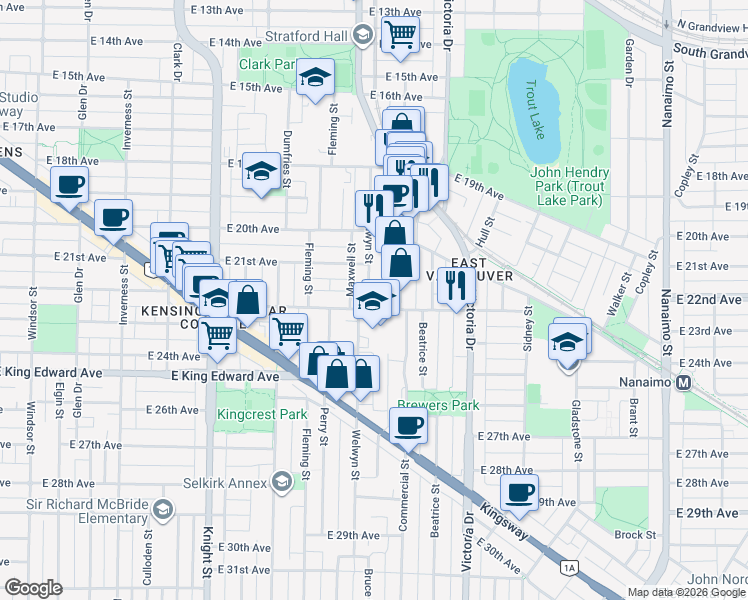 map of restaurants, bars, coffee shops, grocery stores, and more near 3896 Welwyn Street in Vancouver