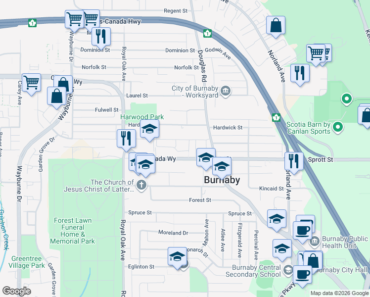 map of restaurants, bars, coffee shops, grocery stores, and more near 3741 Dundonald Avenue in Burnaby