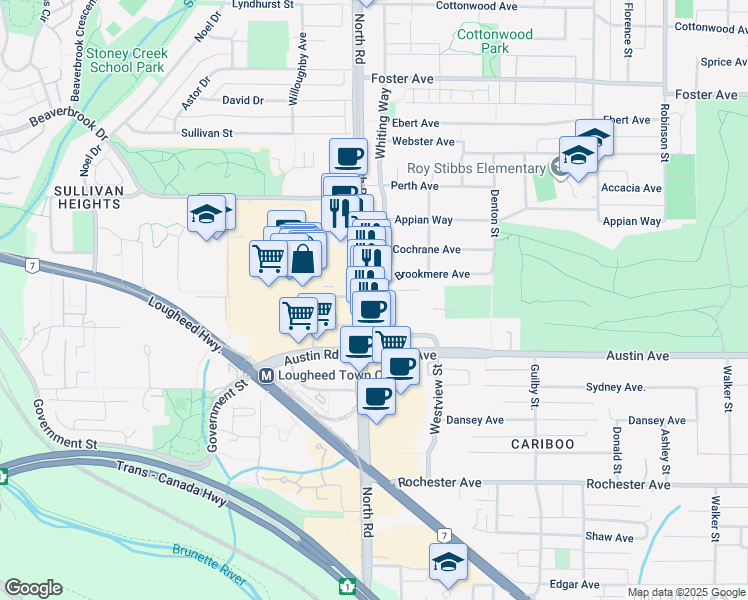 map of restaurants, bars, coffee shops, grocery stores, and more near 530 Whiting Way in Coquitlam