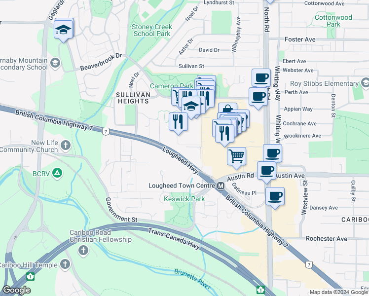 map of restaurants, bars, coffee shops, grocery stores, and more near 3737 Bartlett Court in Burnaby