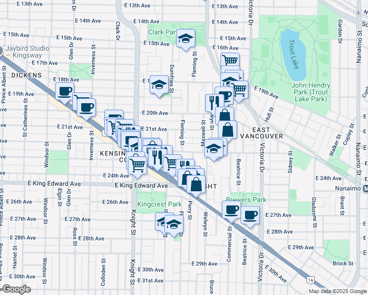 map of restaurants, bars, coffee shops, grocery stores, and more near 3880 Fleming Street in Vancouver