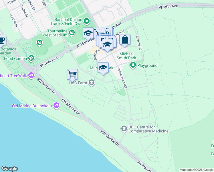 map of restaurants, bars, coffee shops, grocery stores, and more near 3533 Ross Drive in Vancouver