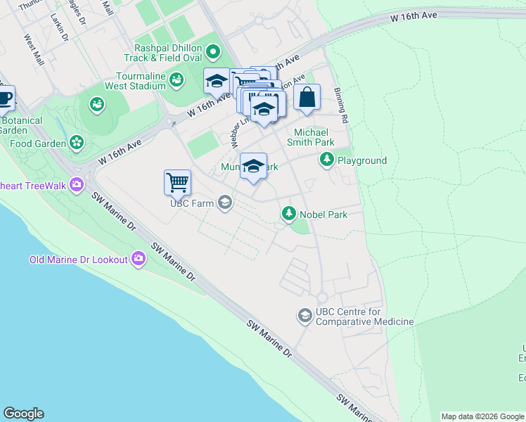 map of restaurants, bars, coffee shops, grocery stores, and more near 3533 Ross Drive in University Endowment Lands