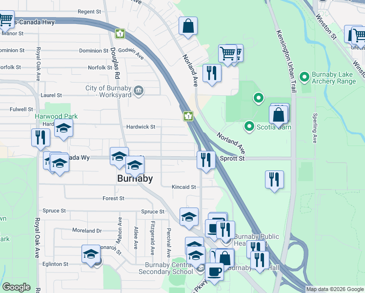 map of restaurants, bars, coffee shops, grocery stores, and more near 6037 Woodsworth Street in Burnaby