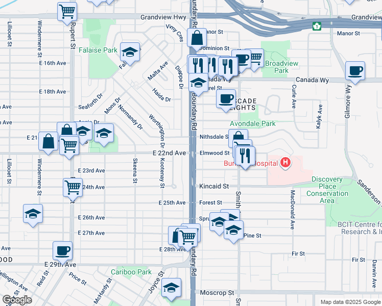 map of restaurants, bars, coffee shops, grocery stores, and more near Boundary Road & East 22nd Avenue in Vancouver