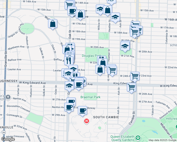 map of restaurants, bars, coffee shops, grocery stores, and more near 890 West 23rd Avenue in Vancouver