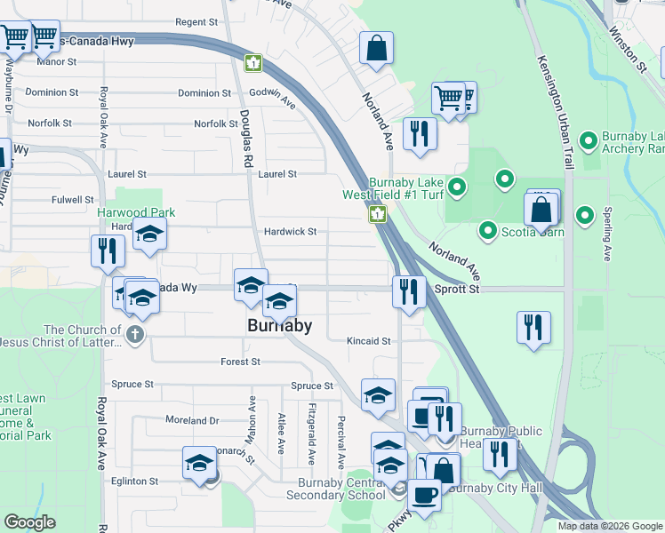 map of restaurants, bars, coffee shops, grocery stores, and more near 5908 Woodsworth Street in Burnaby