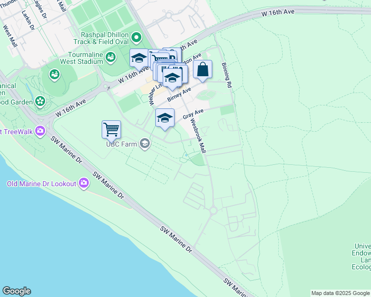 map of restaurants, bars, coffee shops, grocery stores, and more near 3581 Ross Drive in University Endowment Lands