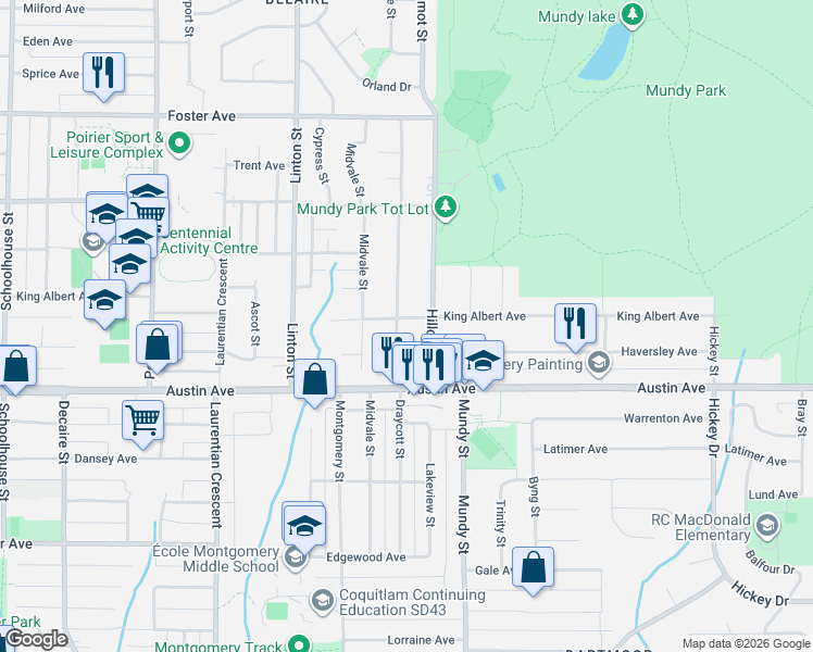 map of restaurants, bars, coffee shops, grocery stores, and more near 537 Draycott Street in Coquitlam