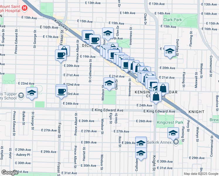 map of restaurants, bars, coffee shops, grocery stores, and more near 1044 East 22nd Avenue in Vancouver