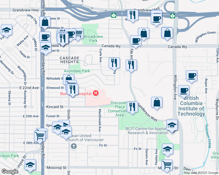 map of restaurants, bars, coffee shops, grocery stores, and more near 4078 Nithsdale Street in Burnaby