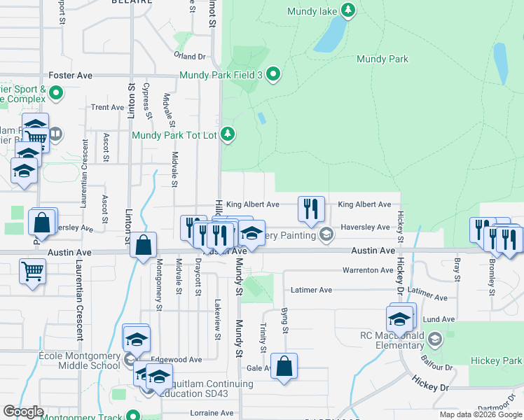 map of restaurants, bars, coffee shops, grocery stores, and more near 2228 King Albert Avenue in Coquitlam