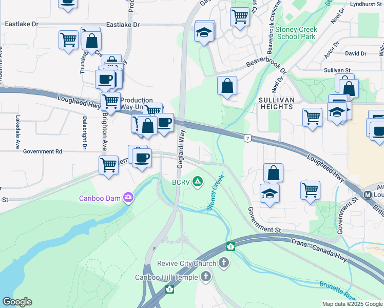 map of restaurants, bars, coffee shops, grocery stores, and more near 8705 Government Street in Burnaby