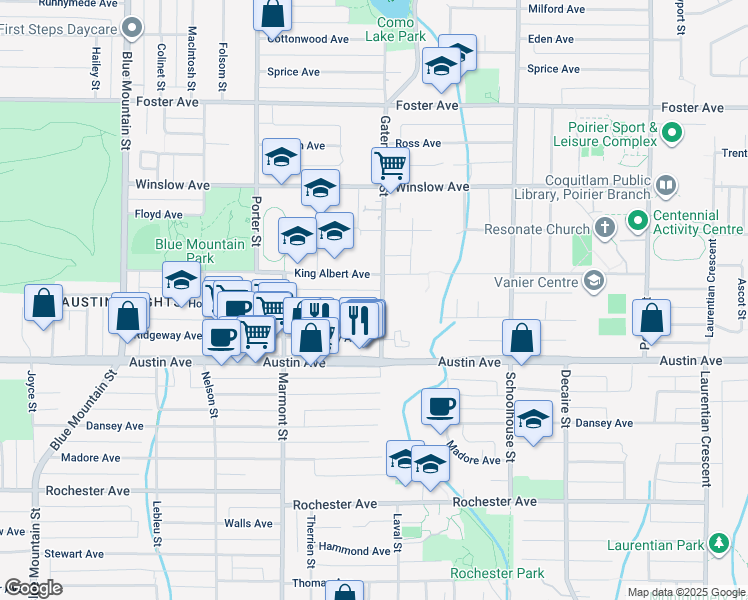 map of restaurants, bars, coffee shops, grocery stores, and more near in Coquitlam