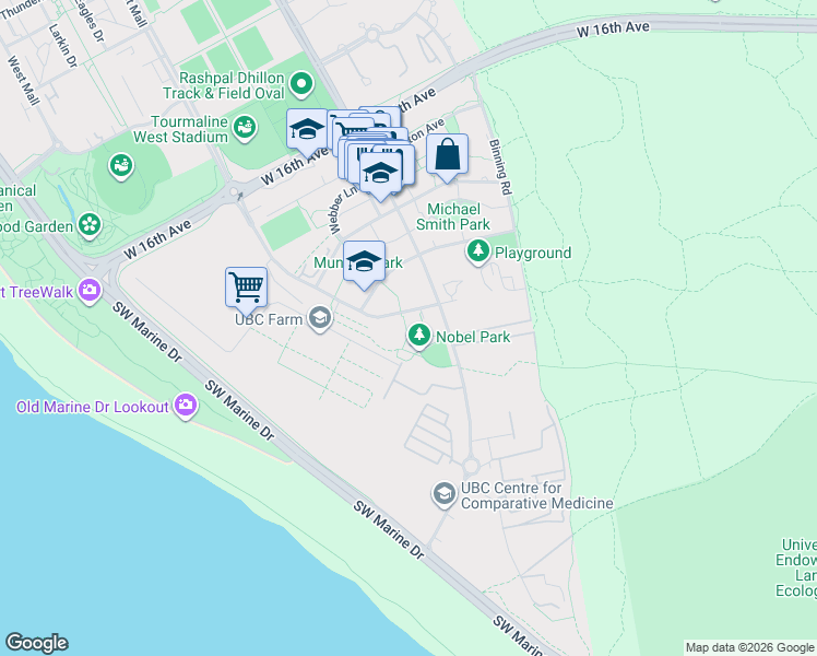map of restaurants, bars, coffee shops, grocery stores, and more near 3581 Ross Drive in Vancouver