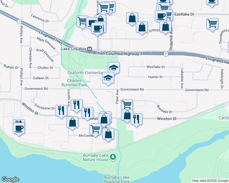 map of restaurants, bars, coffee shops, grocery stores, and more near 3737 Piper Avenue in Burnaby