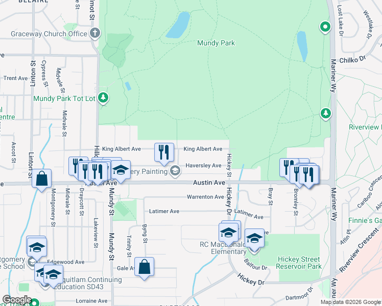 map of restaurants, bars, coffee shops, grocery stores, and more near 2376 King Albert Avenue in Coquitlam