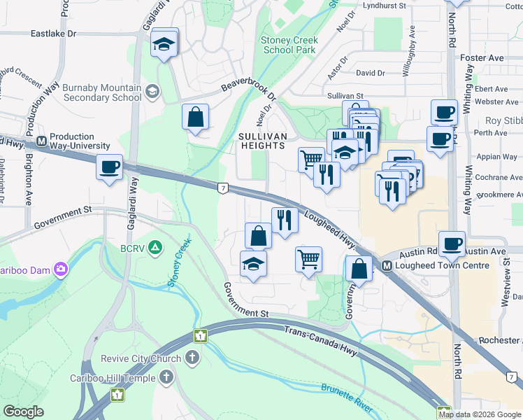 map of restaurants, bars, coffee shops, grocery stores, and more near 9061 Horne Street in Burnaby
