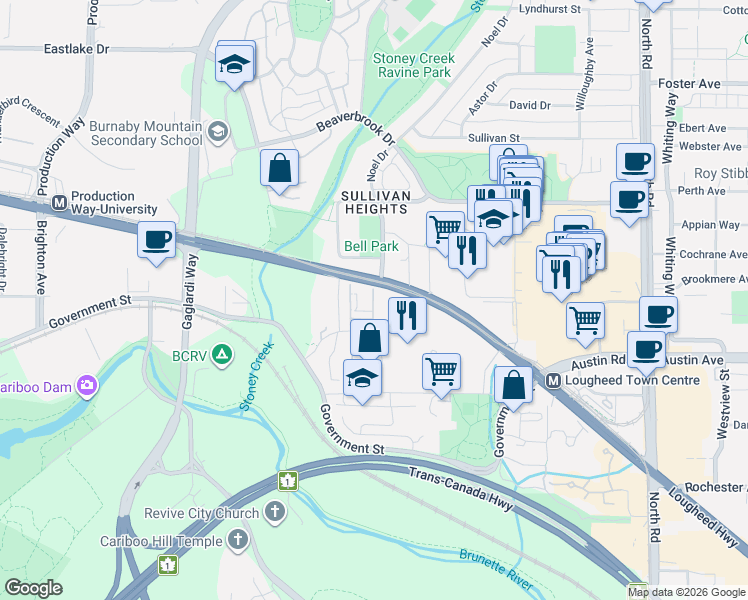 map of restaurants, bars, coffee shops, grocery stores, and more near 9061 Horne Street in Burnaby