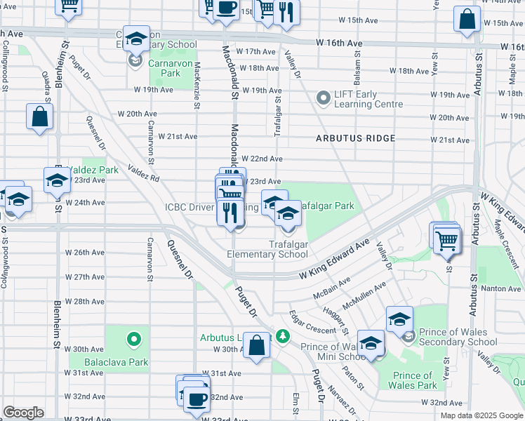 map of restaurants, bars, coffee shops, grocery stores, and more near 2720 West 24th Avenue in Vancouver