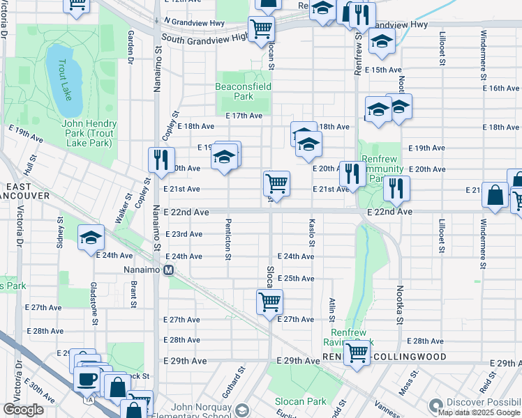 map of restaurants, bars, coffee shops, grocery stores, and more near 2673 East 22nd Avenue in Vancouver