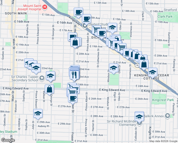 map of restaurants, bars, coffee shops, grocery stores, and more near 810 East 22nd Avenue in Vancouver