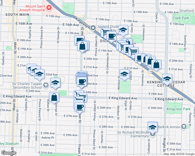 map of restaurants, bars, coffee shops, grocery stores, and more near 810 East 22nd Avenue in Vancouver