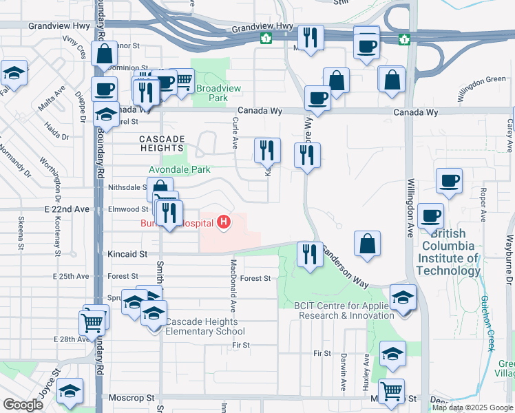 map of restaurants, bars, coffee shops, grocery stores, and more near 4080 Nithsdale Street in Burnaby