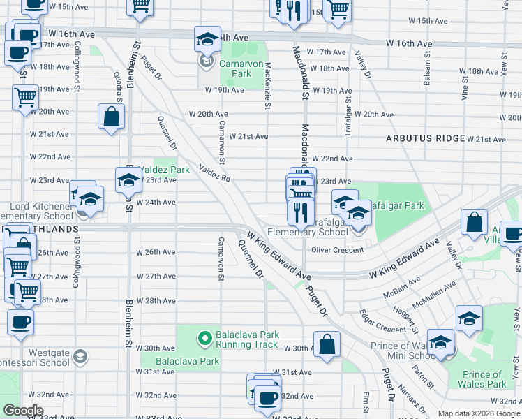map of restaurants, bars, coffee shops, grocery stores, and more near 2910 West 24th Avenue in Vancouver