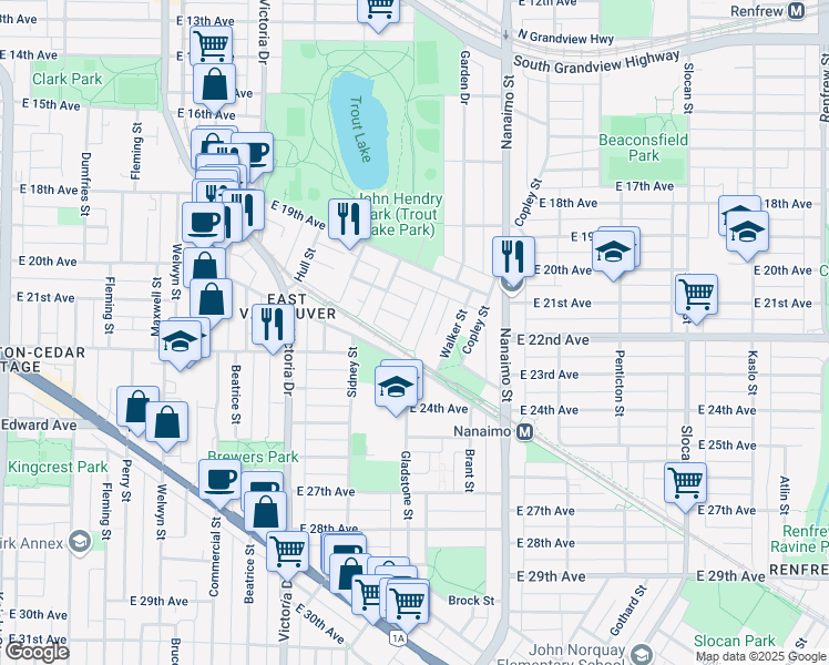 map of restaurants, bars, coffee shops, grocery stores, and more near 3581 Gladstone Street in Vancouver