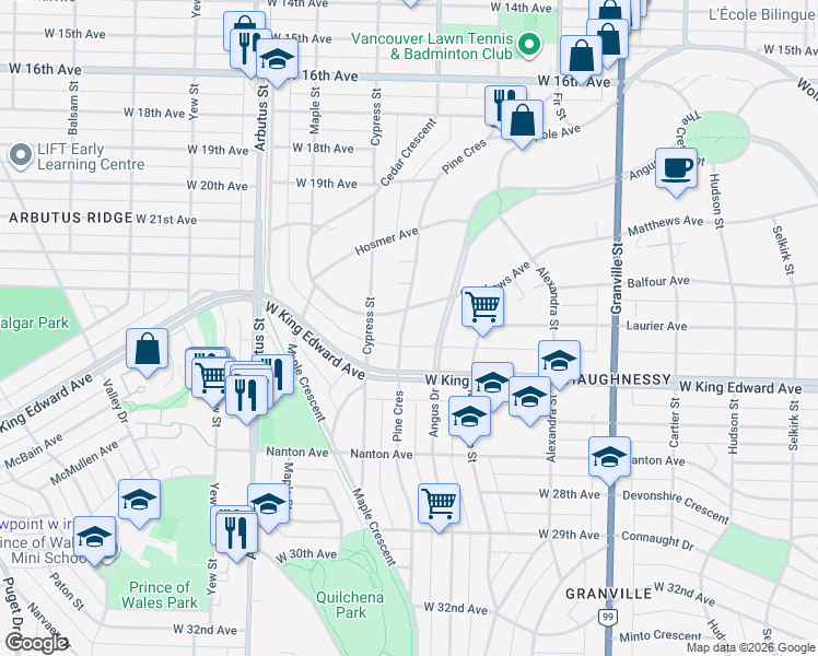 map of restaurants, bars, coffee shops, grocery stores, and more near 3924 Pine Crescent in Vancouver
