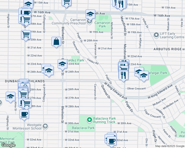 map of restaurants, bars, coffee shops, grocery stores, and more near 3036 West 24th Avenue in Vancouver