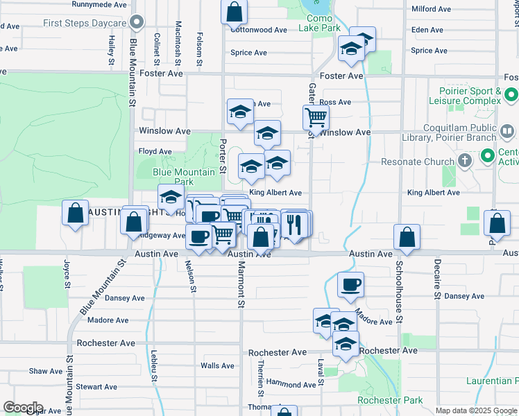 map of restaurants, bars, coffee shops, grocery stores, and more near 1121 Howie Avenue in Coquitlam