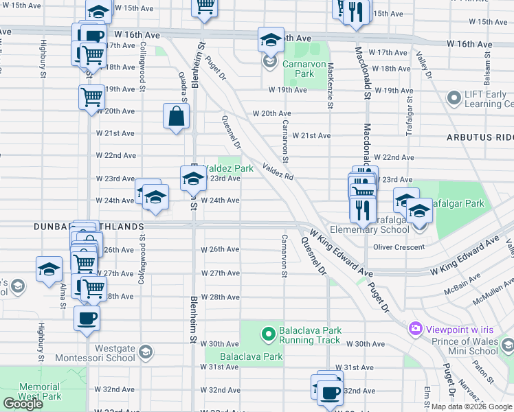 map of restaurants, bars, coffee shops, grocery stores, and more near 3128 West 24th Avenue in Vancouver