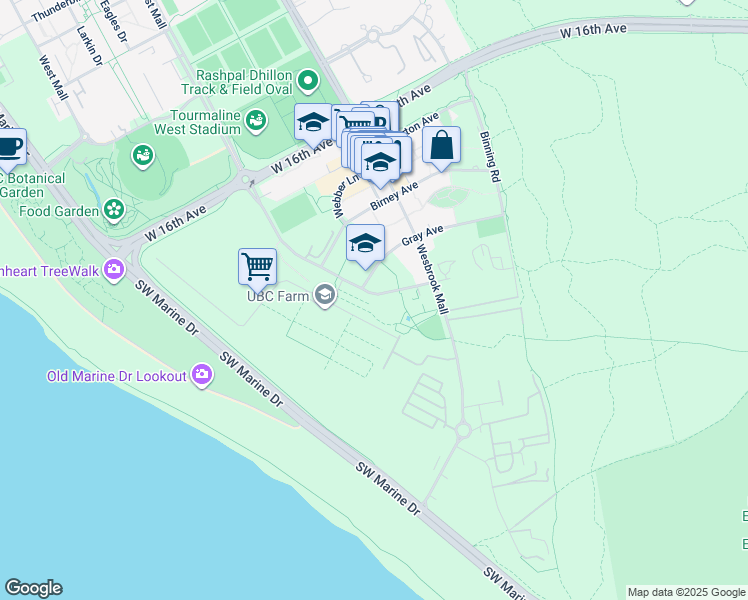 map of restaurants, bars, coffee shops, grocery stores, and more near 3533 Ross Drive in University Endowment Lands