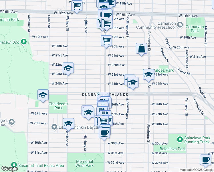 map of restaurants, bars, coffee shops, grocery stores, and more near 4026 Dunbar Street in Vancouver