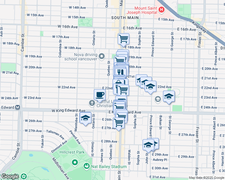 map of restaurants, bars, coffee shops, grocery stores, and more near 126 East 22nd Avenue in Vancouver