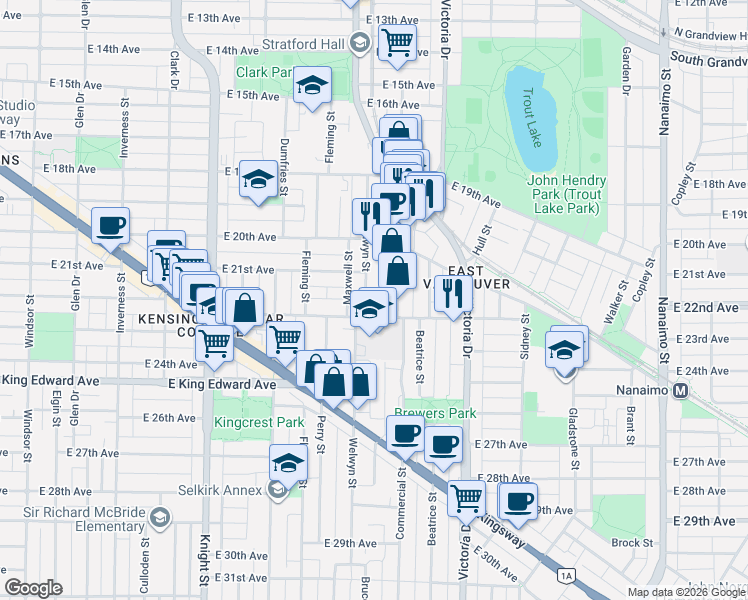 map of restaurants, bars, coffee shops, grocery stores, and more near 3882 Welwyn Street in Vancouver
