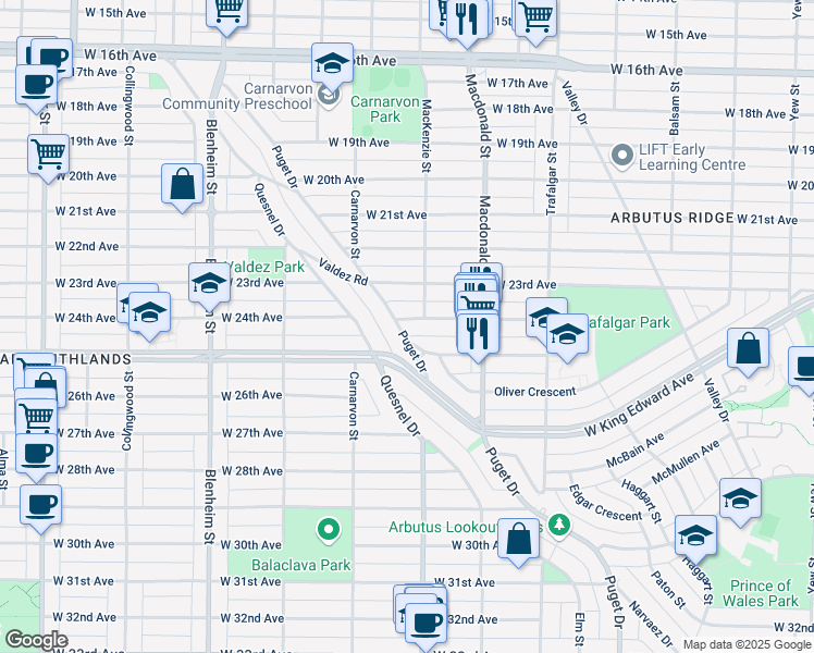 map of restaurants, bars, coffee shops, grocery stores, and more near 2998 West 24th Avenue in Vancouver