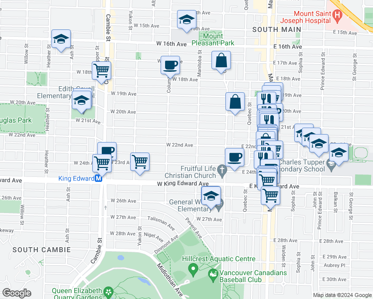 map of restaurants, bars, coffee shops, grocery stores, and more near 132 West 22nd Avenue in Vancouver