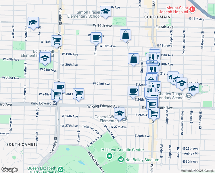 map of restaurants, bars, coffee shops, grocery stores, and more near 118 West 22nd Avenue in Vancouver