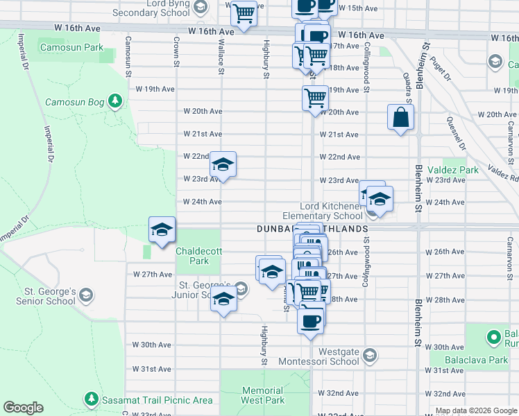map of restaurants, bars, coffee shops, grocery stores, and more near 3812 West 24th Avenue in Vancouver